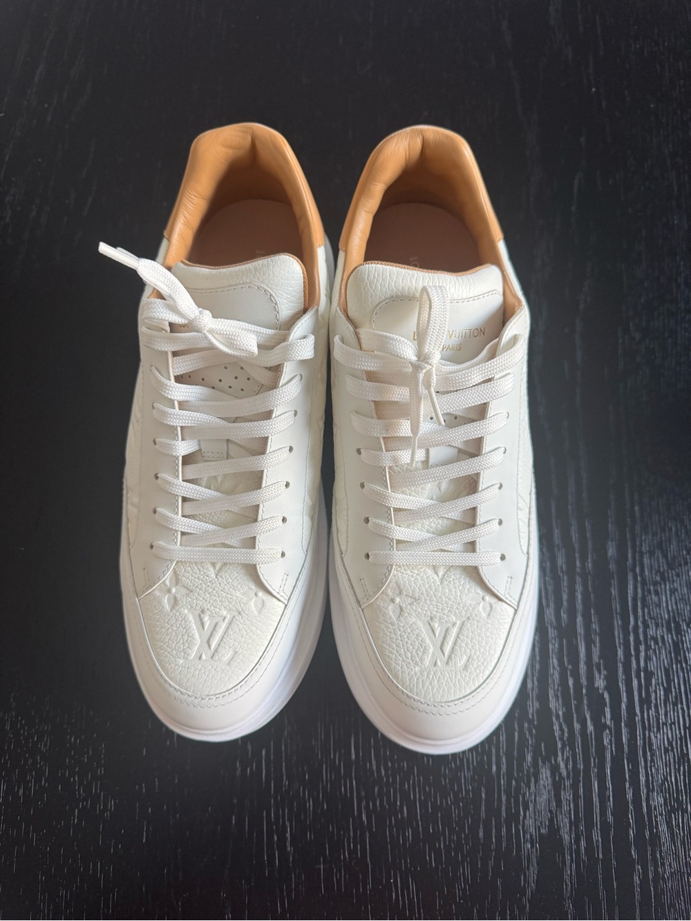 Louis Vuitton Men’s White Leather Sneakers with Tan Liner